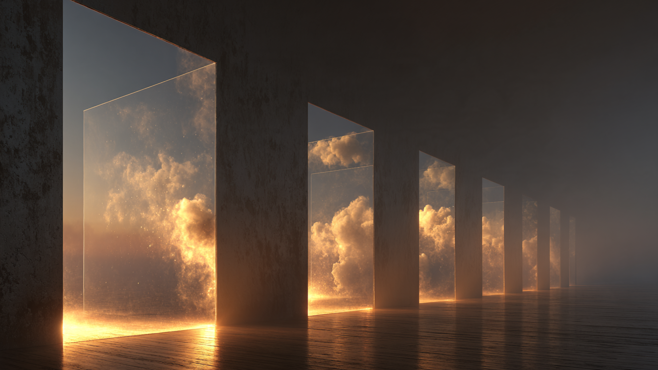 Seven glass doorways in a row, each opening onto sunlit clouds, receding into the dark