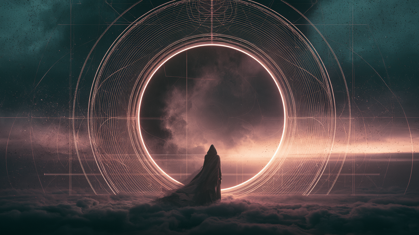 A cloaked figure standing at the threshold of a great ring of light above the clouds